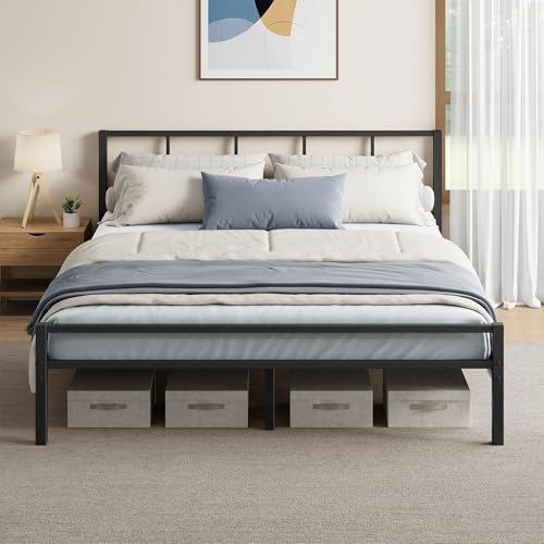 VASAGLE King Bed Frame 150 x 200 cm with Slats and Headboard Metal Platform Bed Supports Up to 500 kg Easy Assembly Modern Bedroom Furniture Ink Black RMB297B101