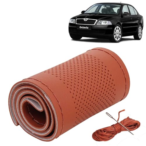 Image of KINGSWAY PU Leatherite Car Steering Cover Sewable Compatible with Skoda Octavia (Year 2004-2013), Tan Color with Tan Thread, Pack of 1 with Sewing Needle and Thread