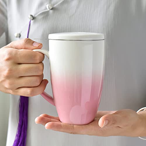 TEANAGOO M018-P Keramik-Teetasse mit Aufguss & Deckel, 16 OZ, Pink, Reise-Geschirr mit Filter, Teetassen-Steilmacher, Brühsieb für Loseblatt-Tee, Diffusor One Set Tea Lover Gift Cover
