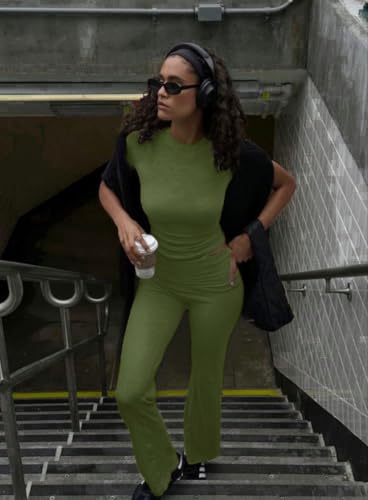 Image of AYWA Women's 2 Piece Lounge Sets Short Sleeve Crop Top Foldover Flare Pants Casual Pajama Outfits