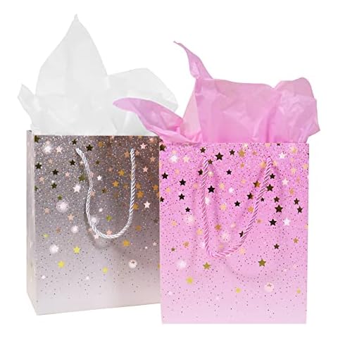 2 Pack Gift Bags with 4 Tissue Paper, Large Gift Bags for Present, 32× 26× 10cm Paper Gift Bags for Birthday, Wedding, Baby Shower, Bridal Shower(Purple, Grey) Cover