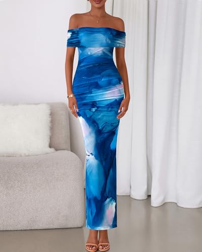 Image of BTFBM Cocktail Dresses for Women 2026 Elegant Classy Off Shoulder Bodycon Mesh Slit Floral Maxi Spring Summer Dress
