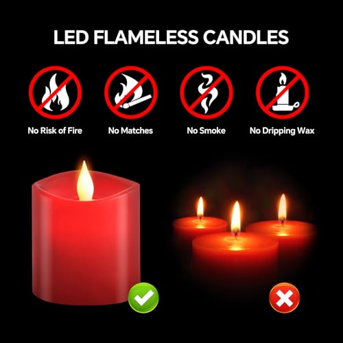 Image of 3x3 Flickering Flameless Candles Set of 1, Real Wax Pillar LED Candles Flickering, 3 inch Flameless Candles with Remote,Battery Powered Candles, for Party /Wedding,Red
