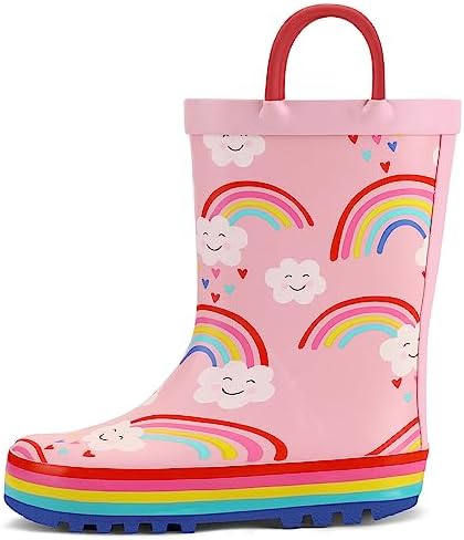 K KomForme Kids Rain Boots Waterproof Printed Rubber boots with Handles, Size 12 Little Kid, Rainbow Cloud