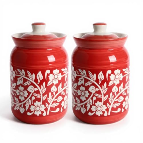 Image of Orange Floral Printed Ceramic Handglazed Pickle Jars Set of 2-1000 ML Each | 1 kg Achaar Martban Barni Jar with Lid | Ceramic Storage Jar Container Pickle /Achar, Chatney
