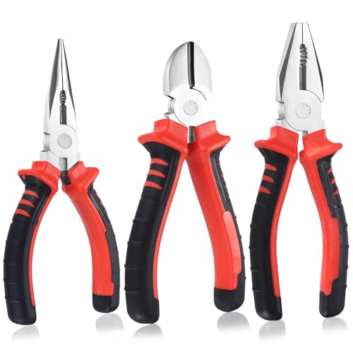 Aoyfuwell 3 Pcs Pliers Set, Pliers Tools Plier Set, Grip Hand Tools Kit, Long Nose & Diagonal Cutting & Side Cutters Set, Combination Wire Cutters Electrical Plier for DIY Repair