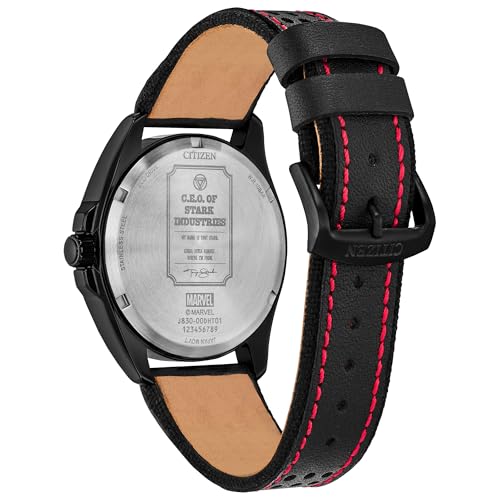 Image of Citizen Men's Eco-Drive Marvel Tony Stark Watch, Black Leather Strap, Black Dial, 3 Hand (Model: AW2095-41W)