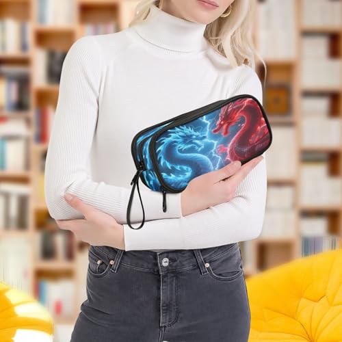 Image of Blue Red Dragon Showdown Pencil Case 3 Compartment Pen Bag Pouch Holder Box School Portable Stationery Storage Bag for Girls Boys