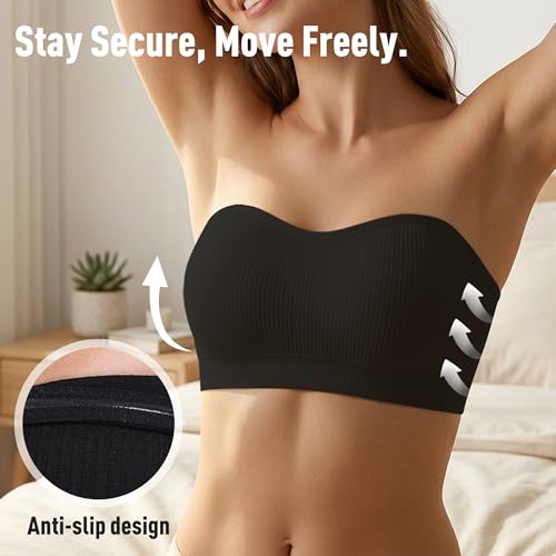 Image of Zimcti Strapless Bras for Women-Non Slip Silicone Grip Bandeau, Wirefree Seamless Tube Top, Removable Pads, Clear Strap