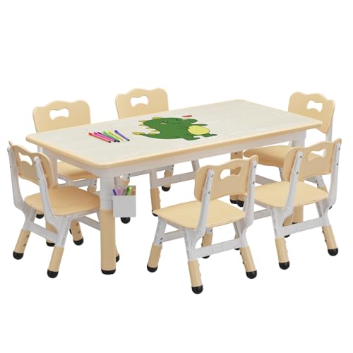 GAOMON Kids Table and 6 Chair Set with Storage Box, Height Adjustable Toddler Table and Chairs Set with Graffiti Desktop for Ages 2-10, Non-Slip Legs, Children Table for Daycare Classroom Home