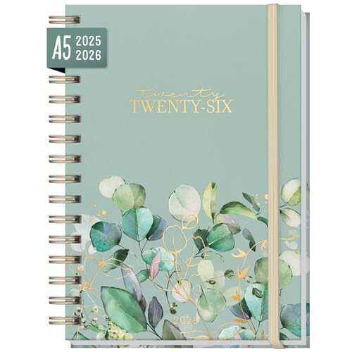 Agenda semanal 2025 2026 'Folhas de menta' para 18 meses (25 jul - 26 dez) nos idiomas: EN/FR/IT/ES - sustentável e respeitoso com o clima