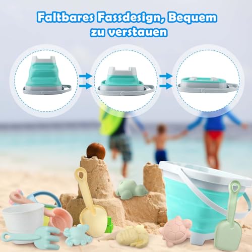 MOKIDO 11 Stück Sandspielzeug Strandspielzeug Kinder, Sandkasten Spielzeug mit Faltbarer Eimer, Sandspielzeug Set, Schaufel, Sandförmchen, Gartenspielzeug ab 1 2 3 4 5 Jahre Mädchen Junge Geschenke