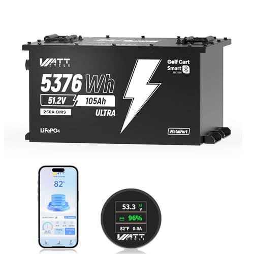 Image of WattCycle 48V 105Ah LiFePO4 Golf Cart Lithium Battery with 250A Smart BMS, Bluetooth Monitoring, IP65 Metal Case, 15000+ Cycle Deep Cycle Battery for Golf Carts, Solar Storage, RV, Home Backup