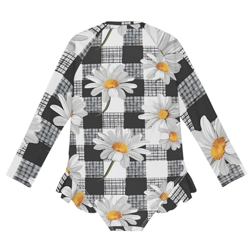 Girls One Piece Swimsuits Long Sleeve Swimsuit Zipper Bathing Suits Daisies Black and White Buffalo Plaid2
