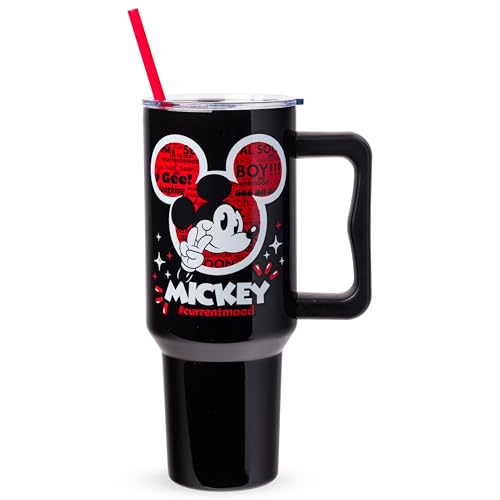Silver Buffalo Disney Classic Mickey Mouse Hashtag Current Mood “#currentmood” Double Walled Stainless Steel Tumbler with Handle and Straw, Fits in Standard Cup Holder, 40 Ounces