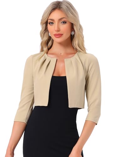 Image of Allegra K 3 /4 Sleeve Shrug Top for Women's Collarless Pleated Open Front Cropped Cardigan
