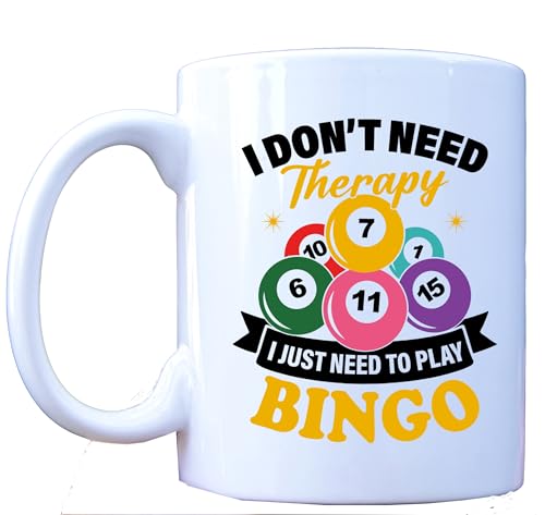 Millhouse Prints I Don’t Need Therapy I Just Need to Play Bingo Mug – Funny Bingo Lover Coffee Cup – Colorful Ball Design Ceramic Drinkware