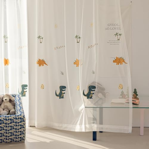 KMSG Cartoon Dinosaur Sheer Kids Curtains Embroidery Voile Drapes Nursery