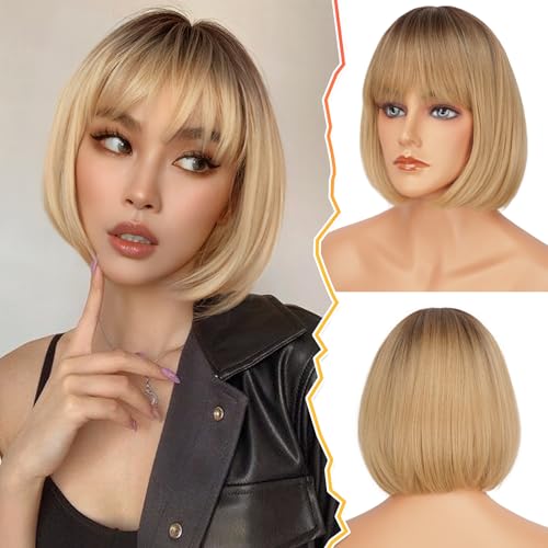 BARSDAR Short Bob Wig with Bangs - Short Blonde Ombre