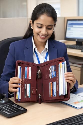 Image of Sukeshcraft Multiple Cheque Book Holder | Original PU Holds Upto 8 Cheque Books,with Matching Zipper (PU -Redwine)