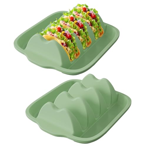 Silicone Taco Holder Set of 2 - Reusable Taco Stands with Dividers, Taco Tuesday Kit for Family Mexican Meals, Non-Slip Sturdy Taco Tray Racks, Dishwasher & Microwave Safe