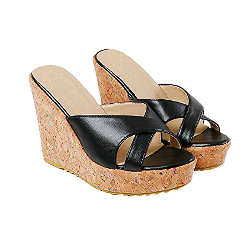 YUEBAOBEI Femmes Compensé Eté Mules Plateforme, Été Plage Vacances Chaussures Bout Ouvert, Bouche Poisson Bout Ouvert Sandales, Vacances Casual Shoes,Noir,41 Cover