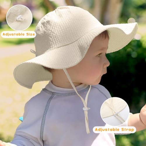Image of HONGTEYA Baby Sun Hat Toddler Girl Beach Hat Sun Protection Adjustable Outdoor Summer Wide Brim Bucket Hat for Infant Kids