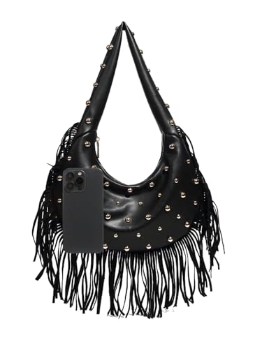 MakeMeChic Women's Fringe Studded Faux Leather Shoulder Bag Zipper Y2k Underarm Handbag Purse2