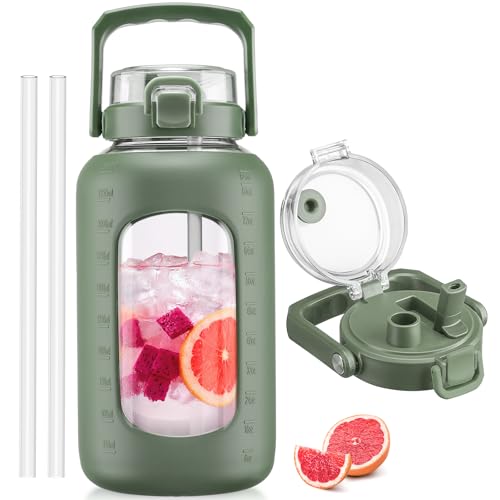 BLUEGO 84oz Glass Water Bottle with Straw and Handle, Large Water Bottle with Sip & Chug Lid, 2.5L Water Jug Silicone Sleeve with Time, Full Day Drinking Bottle for Sports BPA Free, Olive