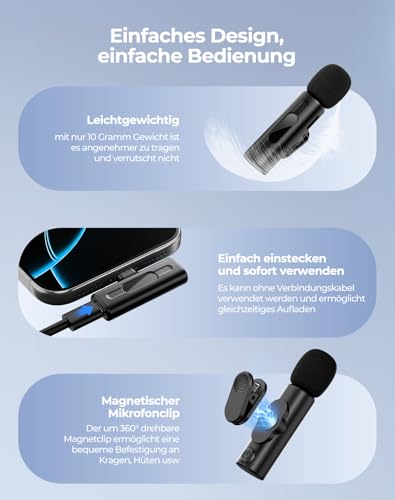 Kabelloses Lavalier-Mikrofon mit KI-Tonverbesserung, Einfach zu Bedienen Ideal für Live-Streaming, Videoaufnahmen und Interviews im Innen- oder Außenbereich Perfekt für YouTube TikTok und Vlog Schwarz