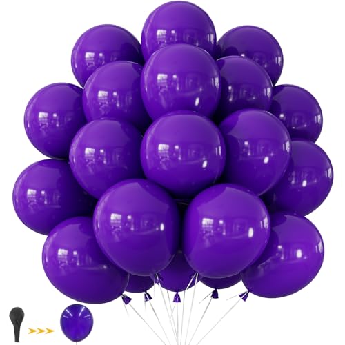 Adeyoo Purple Balloons - 50 Pcs 12 Inch Dark Purple Balloons Round Latex Balloon with Ribbons Shiny Party Balloon for Birthday Graduation Mothers Day Anniversary Wedding Halloween Party Decorations