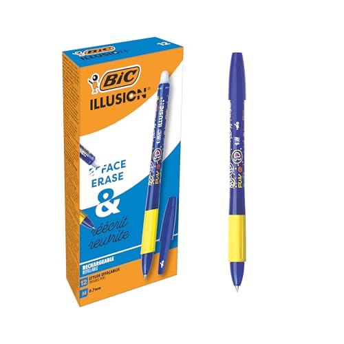 BIC Illusion Stylos-Bille Effaçables et Rechargeables à Pointe Moyenne (0,7 mm) - Bleu, Boîte de 12