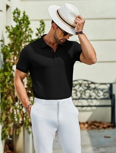 COOFANDY Men's Textured Polo Shirts Short Sleeve Slim Fit Casual Button Polo T-Shirt Summer Collared Golf Shirt3