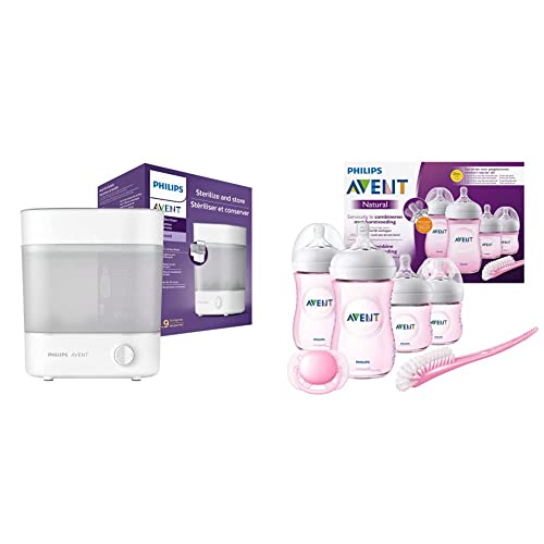 Stérilisateur Philips Avent (Modèle SCF291/00) & Avent Kit de démarrage naturel pour nouveau-né - Biberons Polypropylène/Tétine Silicone sans BPA, rose (Modèle SCD301/03)