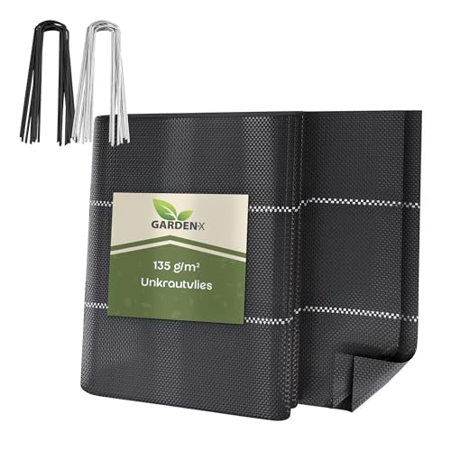 GARDENIX Unkrautvlies mit 50 Anker 5.5m² (1.1m x 5m) - Wasserdurchlässig 135g/m² - Schwarz UV-beständig Unkrautgewebe, Unkrautschutzfolie, Bodengewebe, Unterbodengewebe