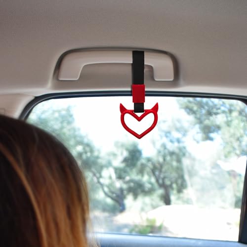 Image of 2 Pcs Devil Heart Shaped Car Handle Strap - Drift Charm Rear Bumper Warning Ring Decor for Car Interior Exterior, Subway Bus Handle Accessory, Cute Heart Car Decor Gift for Drivers (Red)