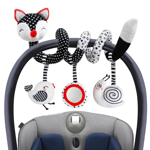 Image of Baby Carseat Toy Black & White Rattle Spiral Hanging Activity Stroller Toy for Newborns Boys and Girls, Easter Basket Stuffers - Fox