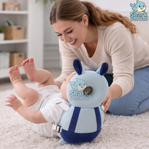 Image of Shark Doo Doo Bunny Shaped Blue Baby Head Protector Pillow - Infant Fall Protection Cushion | Soft Plush Safety Helmet with Adjustable Straps