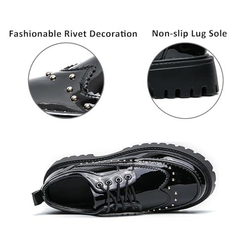 Men's Patent Leather Platform Wingtip Oxford Shoes with Rivets Round Toe Lace Up Lug Sole Brogue Dress Shoes Comfortable Business Work Causal Derby Oxfords2
