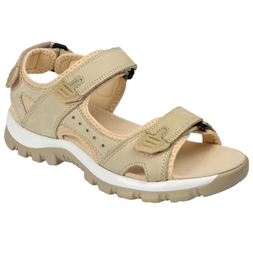 Harssidanzar Sandalias deportivas de senderismo para mujer, sandalias de cuero con correa ajustable para mujer, sandalias deportivas al aire libre para caminar SL256UK, beige, 38 EU