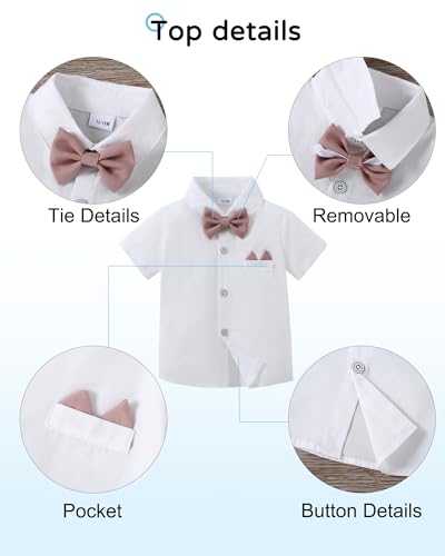 Image of YALLET Toddler Baby Boy Clothes Suit Gentleman Wedding Outfits Formal Dress Shirt+Bowtie+Suspender Pants