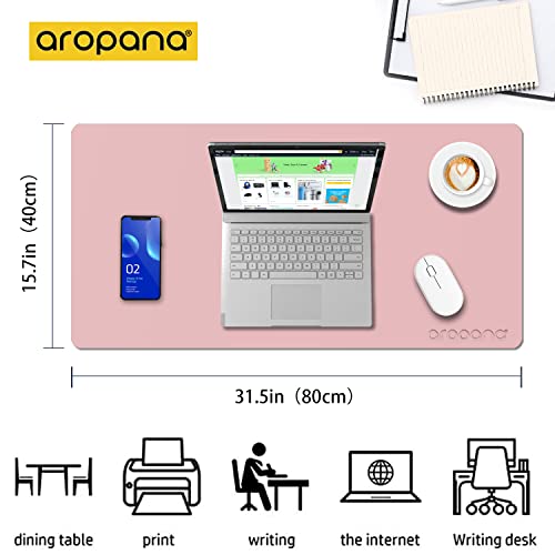 Image of AROPANA Vegan Leather Desk Mat | Large Reversible Mouse Pad & Computer Table Protector | Dual-Side Waterproof Extended Laptop Pad with Edge-Stitched Design (80 x 40 CM, Pink and Silver)