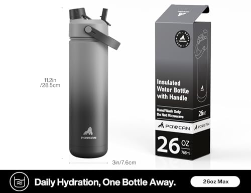 Image of POWCAN 26 oz Insulated Water Bottle with 2-in-1 Straw and Spout Lid, Keep Cold 24H, Leak-Proof, Fits in Car Cup Holder, Stainless Steel Water Bottle for Sports, Travel, Gym, and School (Obsidian)