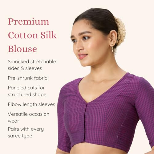 Image of Studio Shringaar Women Cotton Half Sleeve Madras Checks Saree Blouse with Stretchable Sides