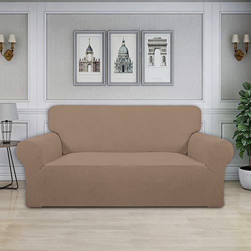 Image of Easy-Going Stretch Oversized Loveseat Slipcover 1-Piece Sofa Cover Furniture Protector Couch Soft with Elastic Bottom for Kids Polyester Spandex Jacquard Fabric Small Checks Camel