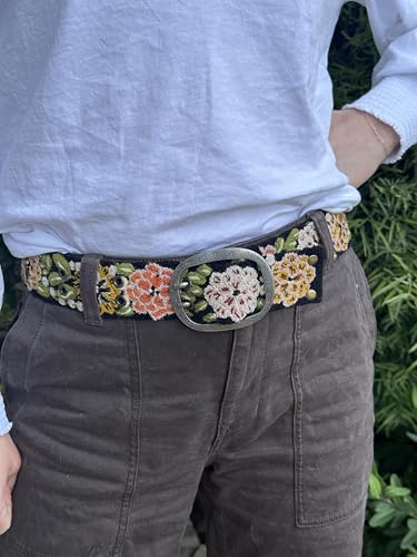 Peruvian Embroidered Belt for Women, Wool, Handmade, Fair Trade - Vintage Blossom Black Base4