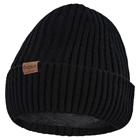 Beanie Hat for Men Women, Double Layer Knit Fleece Liner Cold Weather Head Warmer Cap One Size (Black) Cover