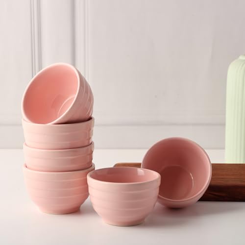 Image of Ceramic Set of 6 Bowls 180ml | Microwave & Dishwasher Safe | Serve Side Dishes, Snacks, Dals, Dessert, Rice & Pudding, Nuts or Dip | Modern Gloss Finish - Pink
