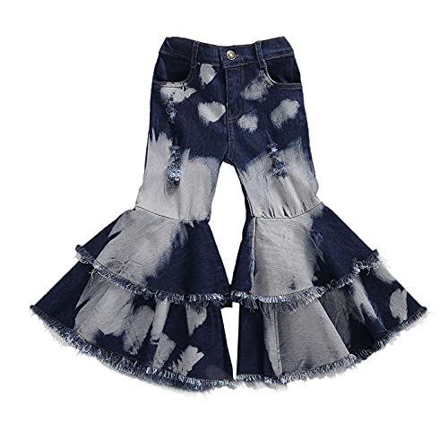 Yiqinyuan Children Girls Ripped Jeans Kids Long Ruffle Flared Trousers Casual Baby Child Fashion Vintage Denim Pants