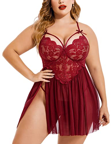 Image of Avidlove Plus Size Lingerie Lace Babydoll Womens Strap Chemise Nightgown V Neck Nighty Mesh Sleepwear Side Slit Nightdress